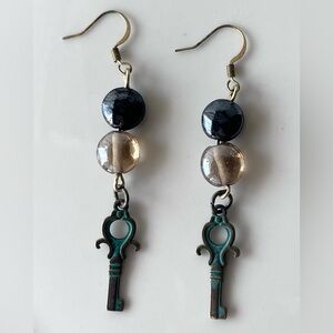 Antiqued Keys Dangle Earrings Beaded Handmade Handcrafted